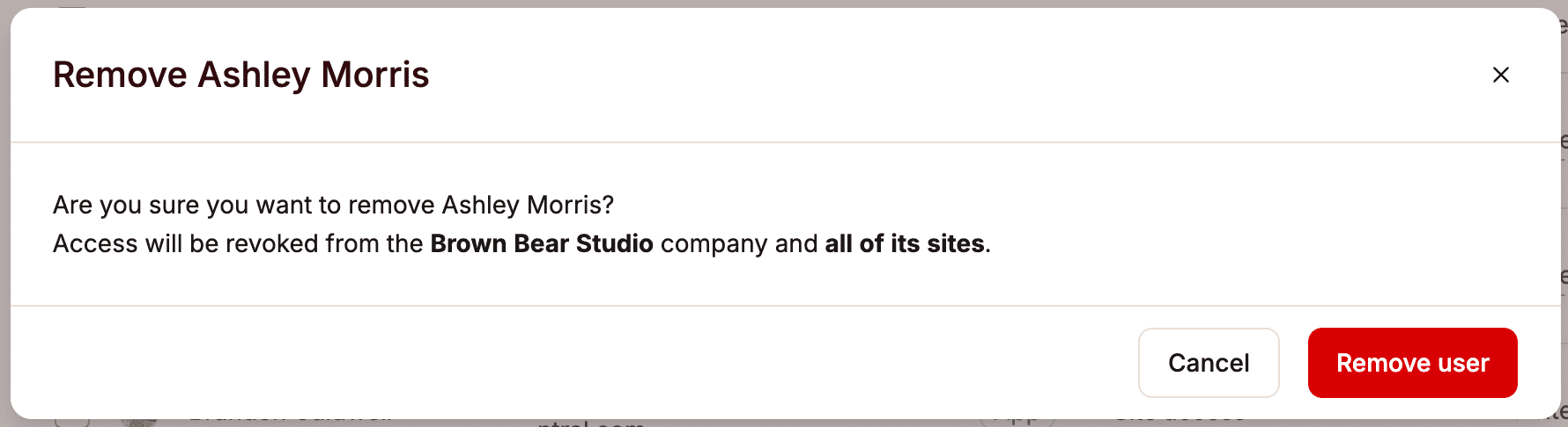 Confermare la rimozione di un utente da un'azienda in MyKinsta.