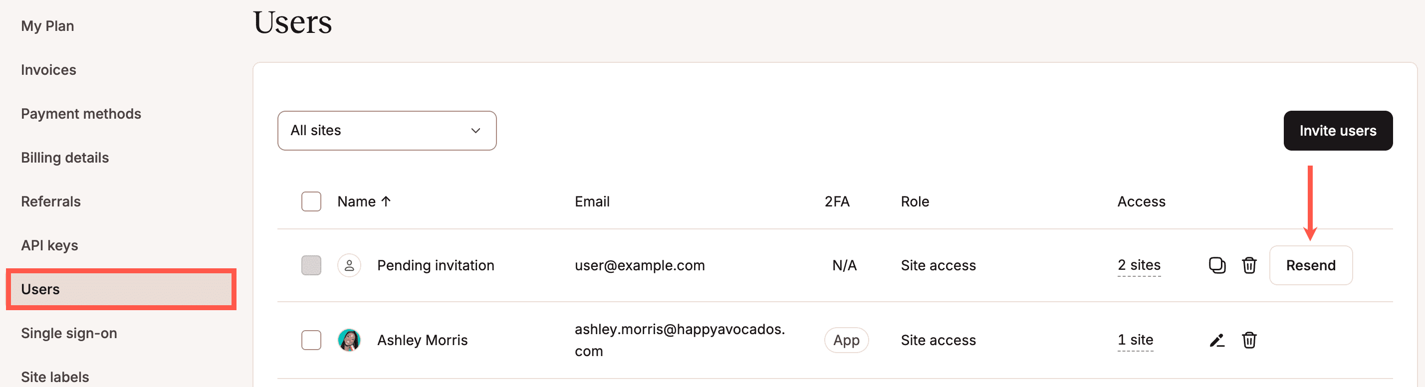 Reinviare l'invito in sospeso per l'azienda in MyKinsta.