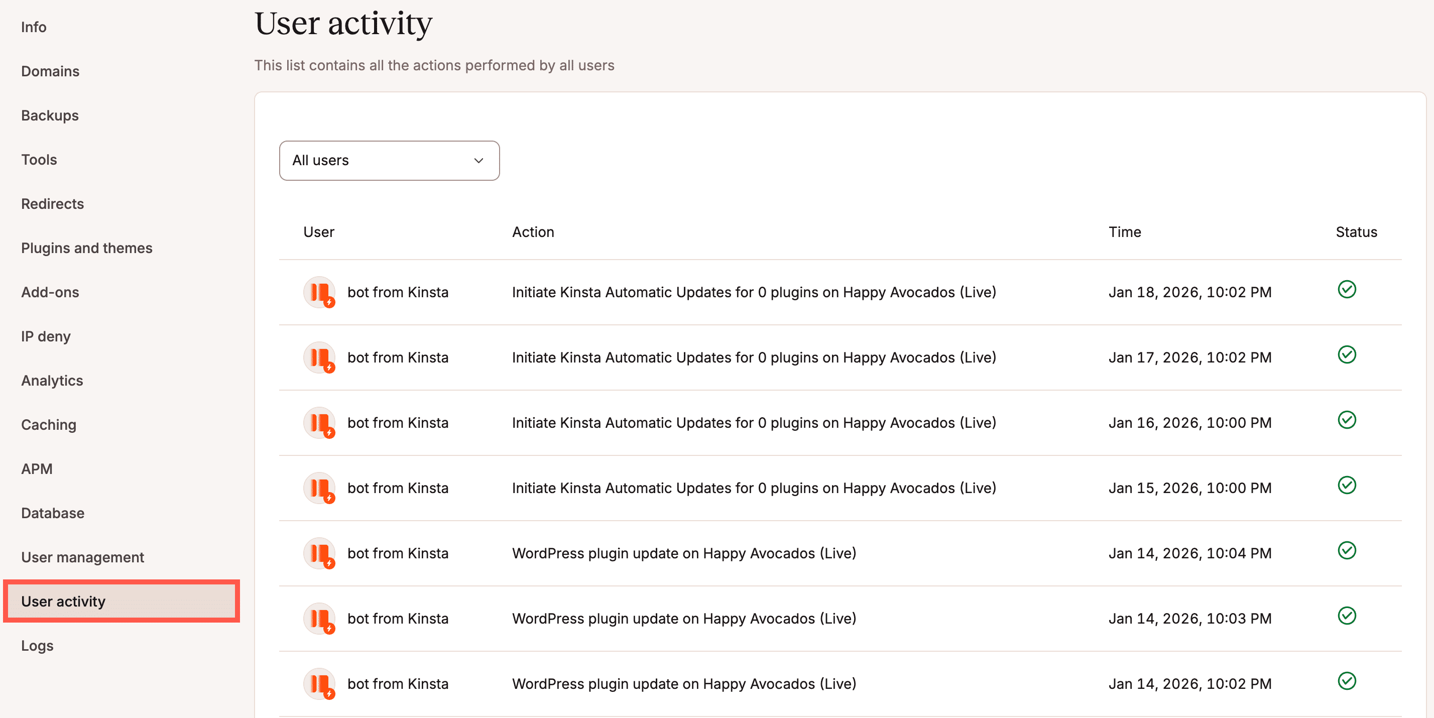 Registro delle attività del sito in MyKinsta.