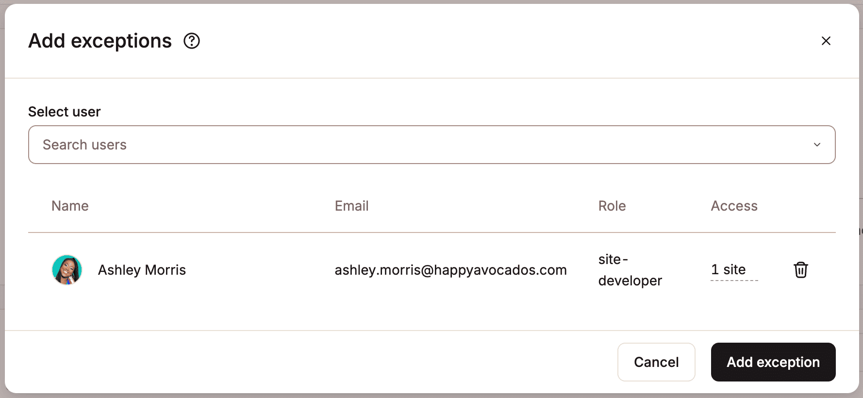 Hinzufügen eines Benutzers zur Ausnahmeliste