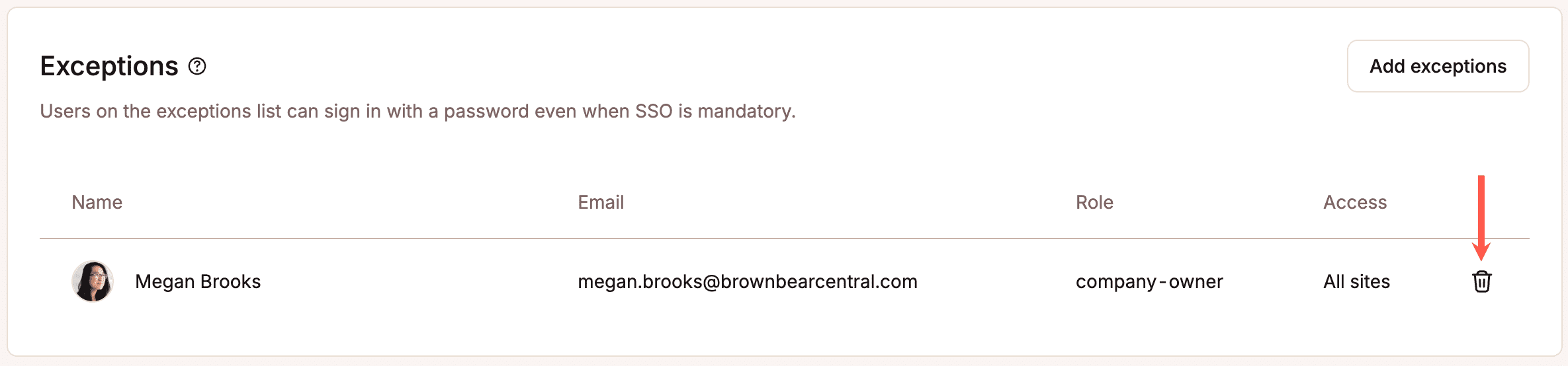 Einen Benutzer aus den Ausnahmen entfernen