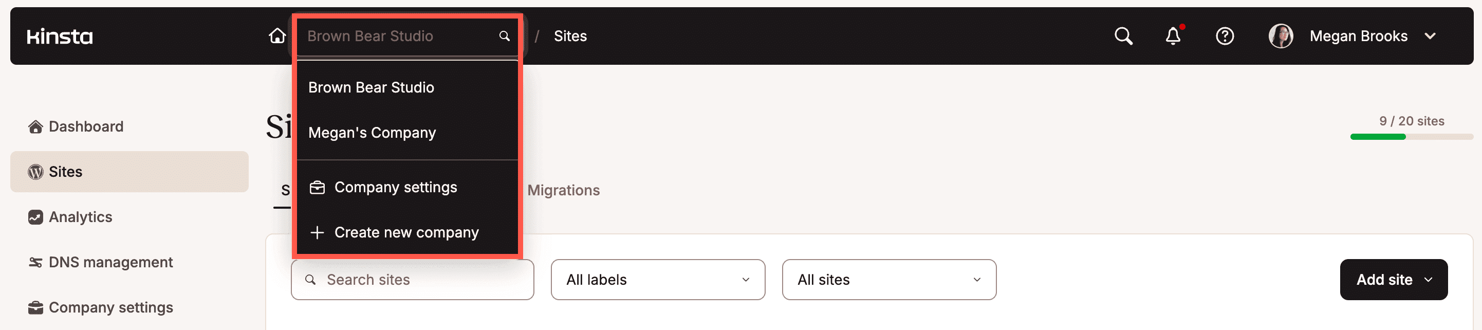 Cambiar de empresa en MyKinsta.
