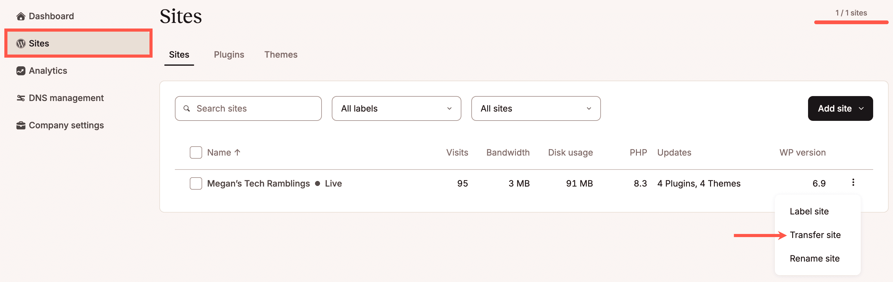 Select Transfer site to begin transferring your site to another company.