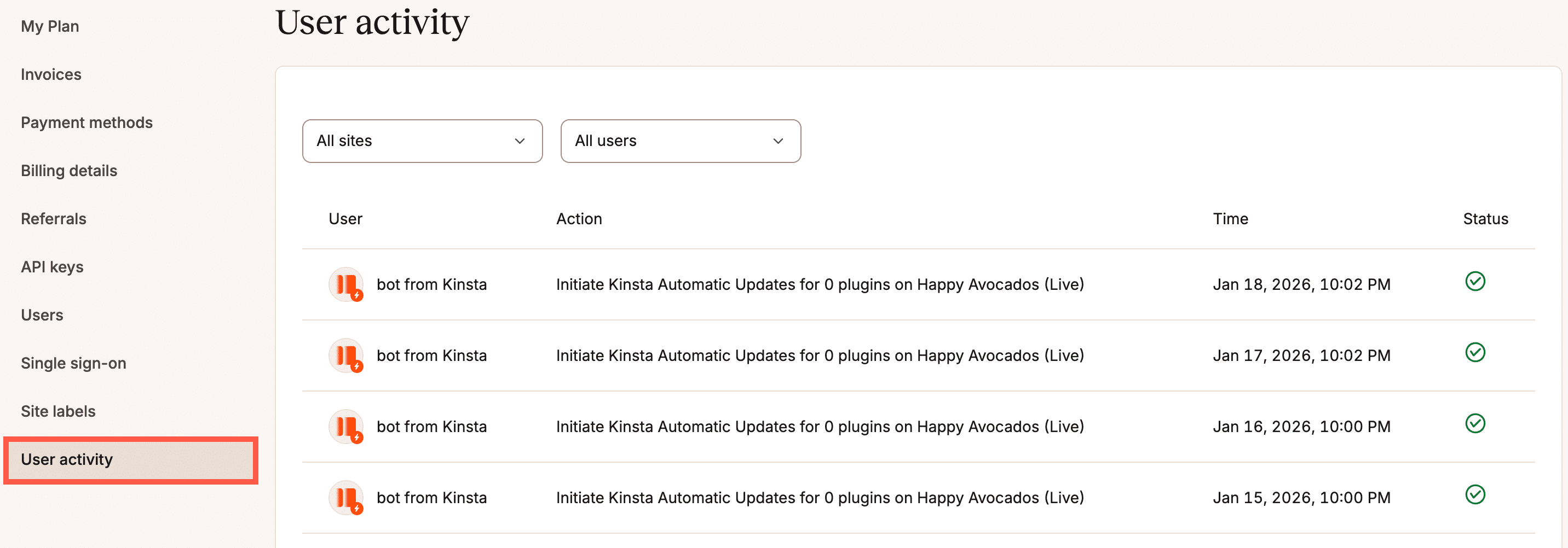 Registro delle attività aziendali in MyKinsta.