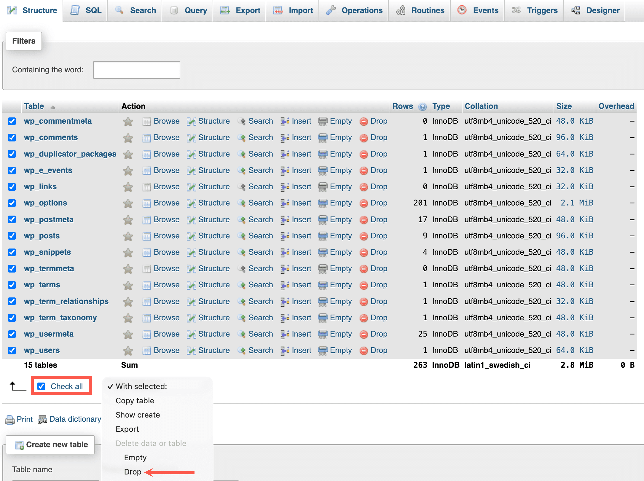 Verwijder de bestaande databasetabellen in phpMyAdmin.