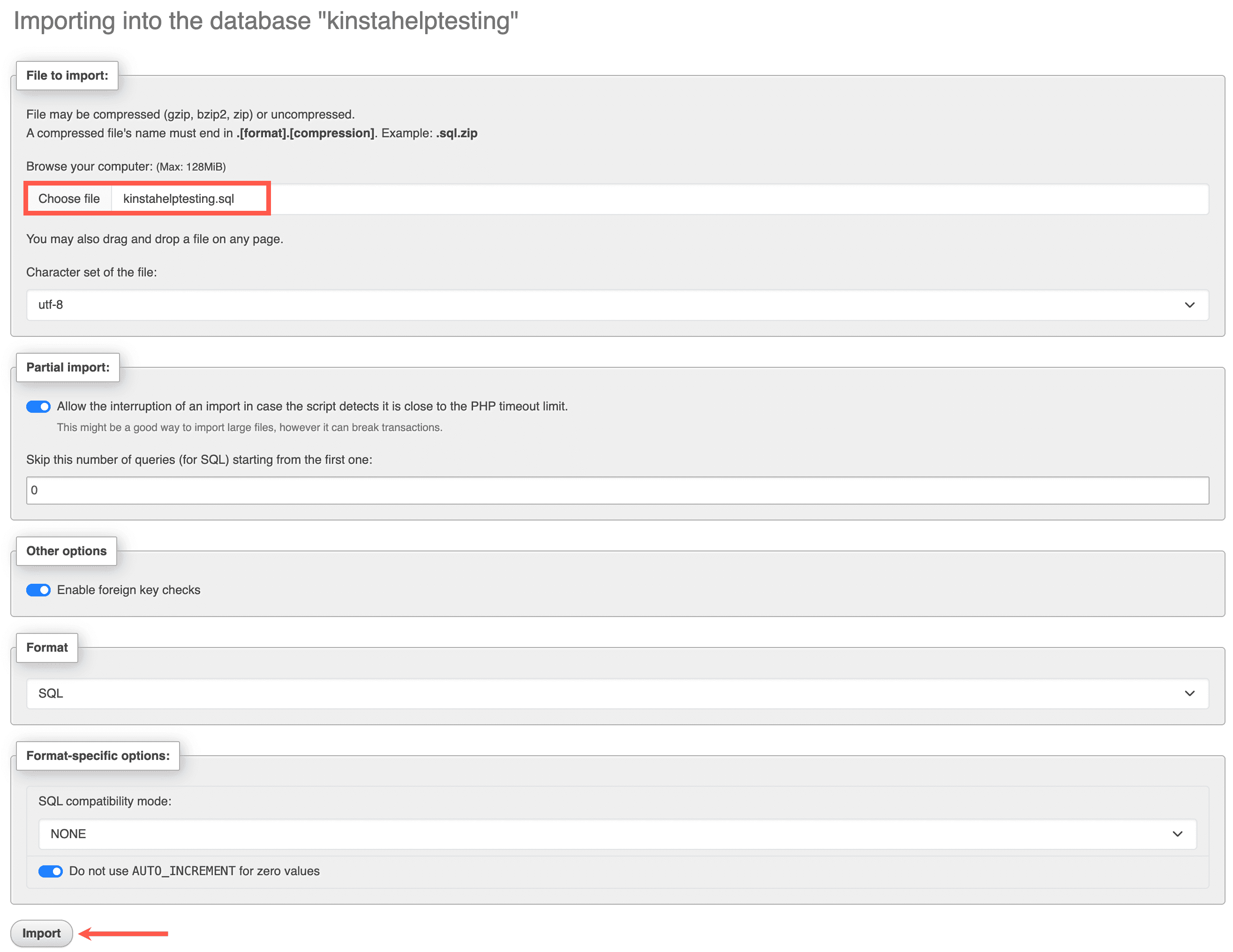 Importare le tabelle del database in phpMyAdmin. 