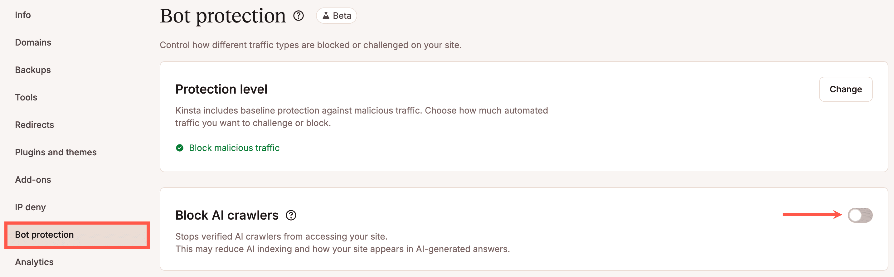 Bloccare i crawler AI in MyKinsta.