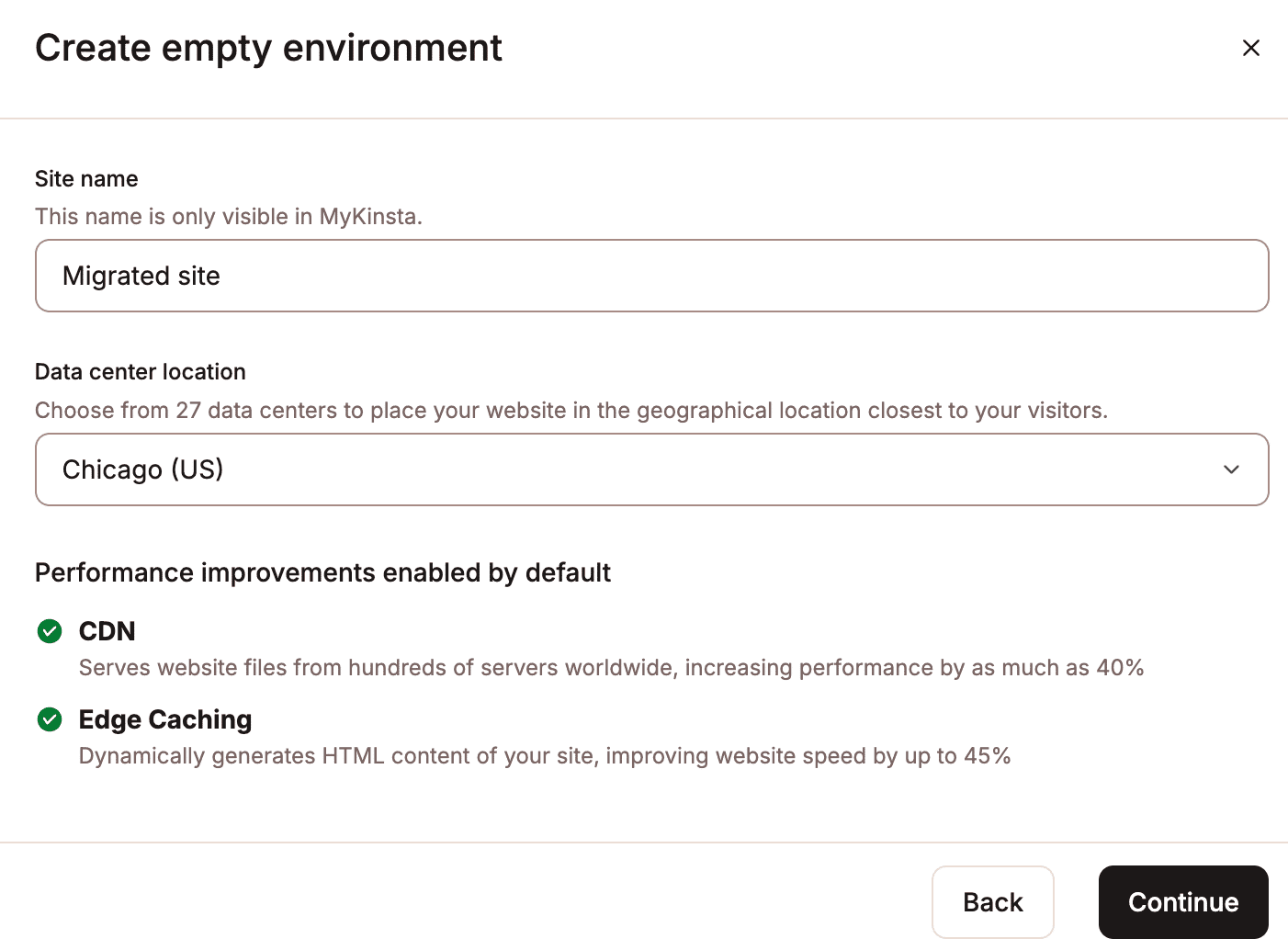 Aggiungere il nome del sito e scegliere la posizione del data center. 