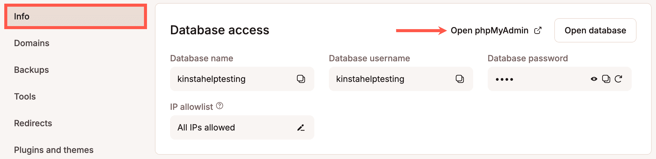 Il pulsante Apri phpMyAdmin in MyKinsta. 