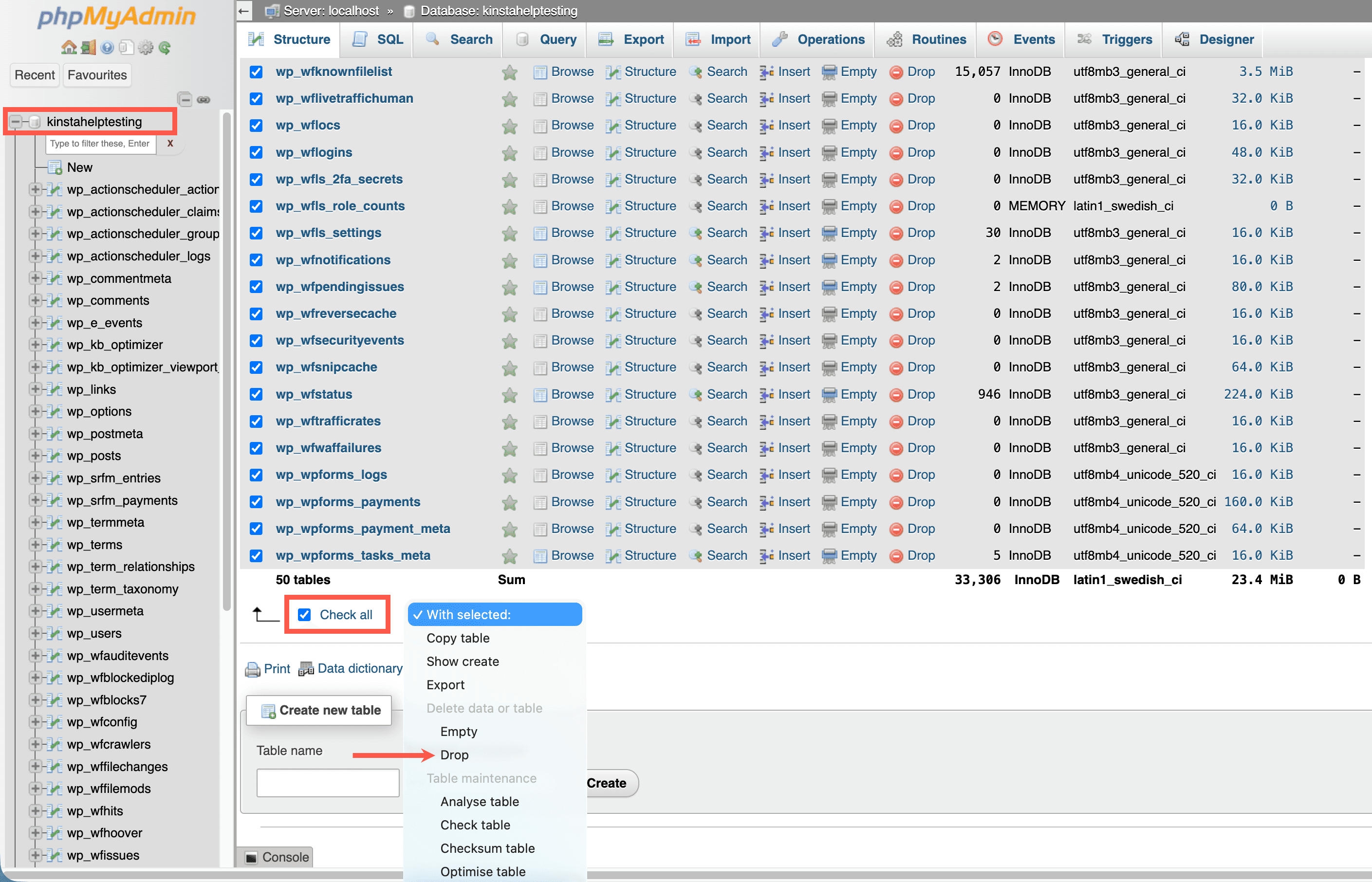 Drop tables in phpMyAdmin.