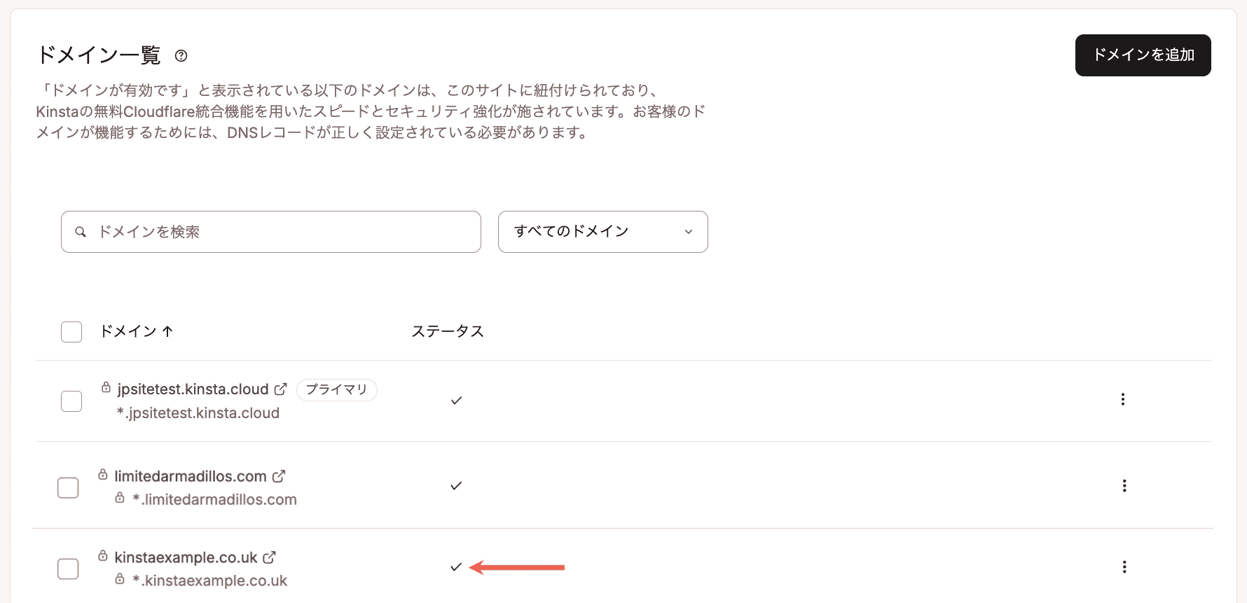 MyKinstaでドメインが正しく設定されていることを示すチェックマーク