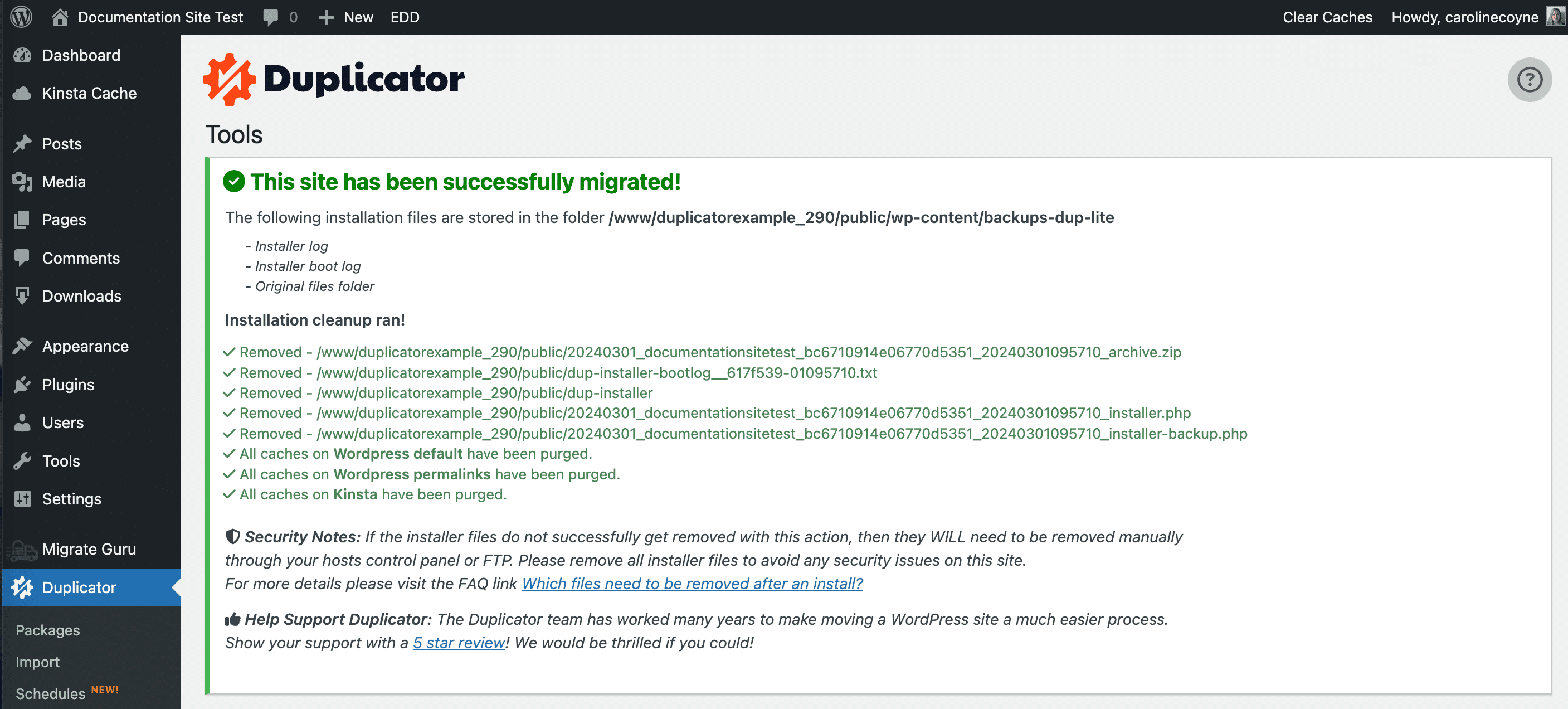 Duplicatorでサイト移行が完了した状態