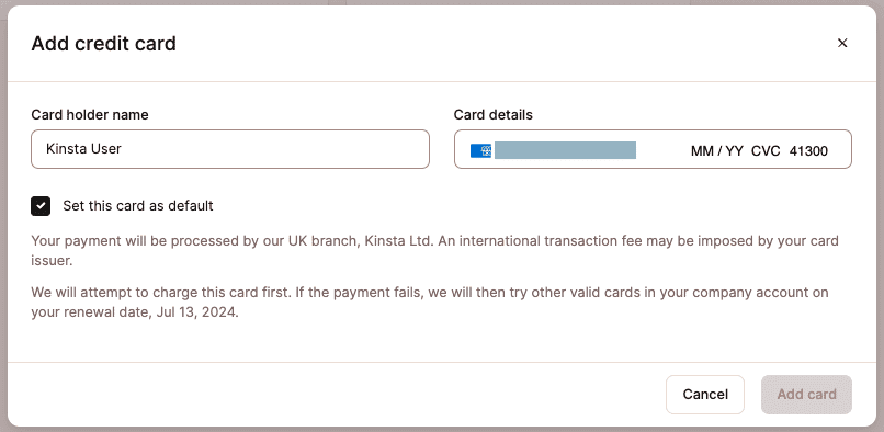 Adicionar um cartão de crédito internacional no MyKinsta.