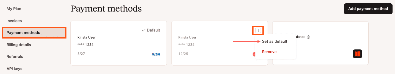 Selecione o método de pagamento padrão no MyKinsta.
