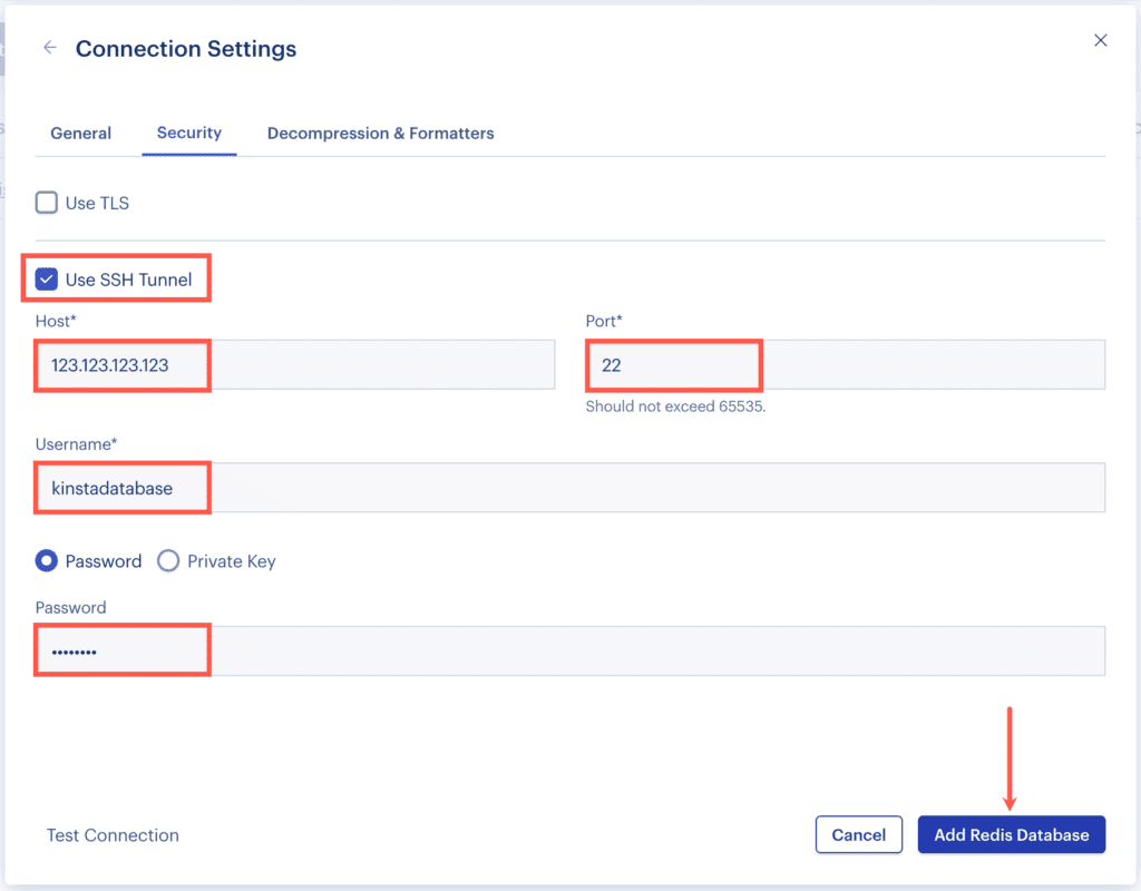 Voer je MyKinsta SSH-referenties in om verbinding te maken met RedisInsight.