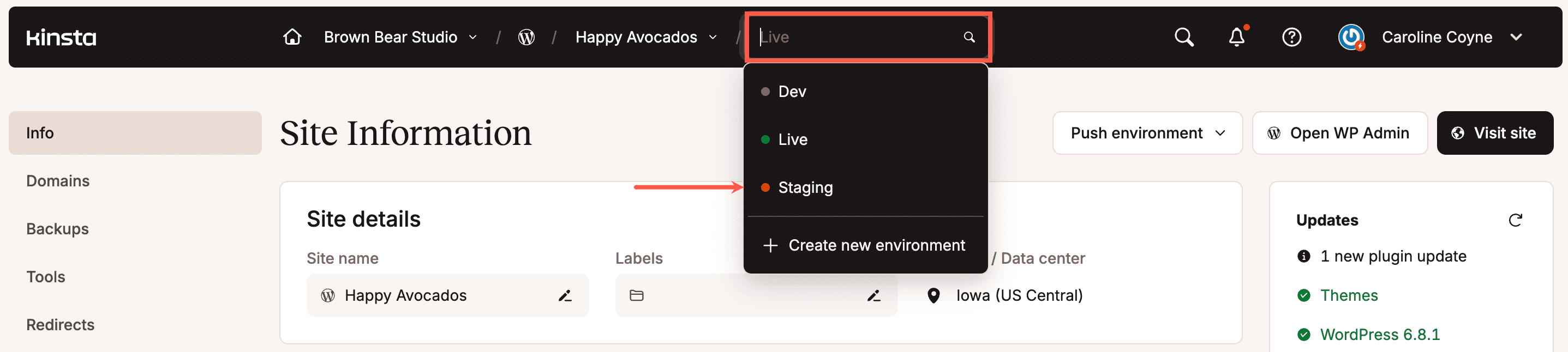 Selecciona el entorno de staging.