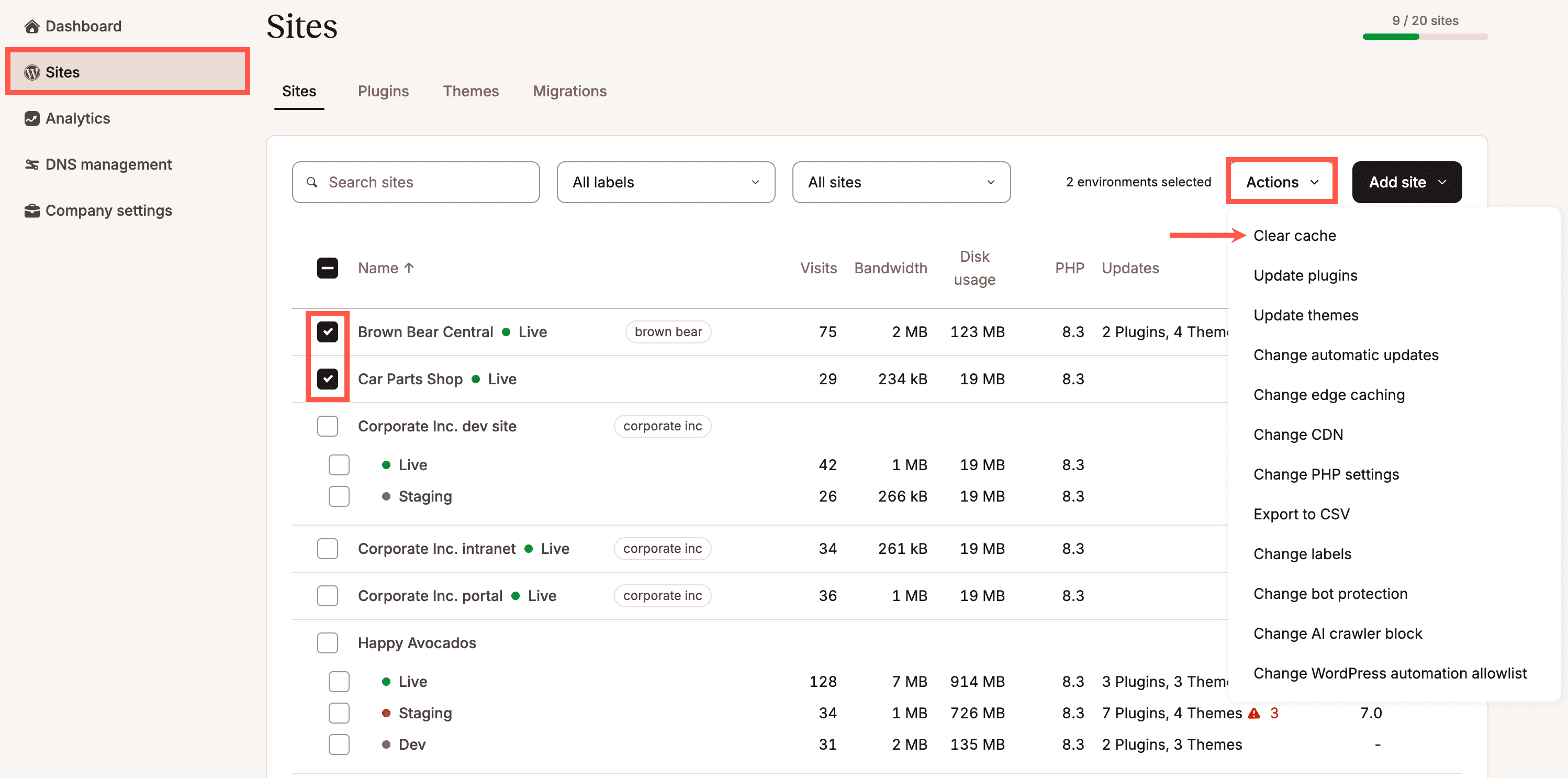 Clear the cache for multiple sites simultaneously.