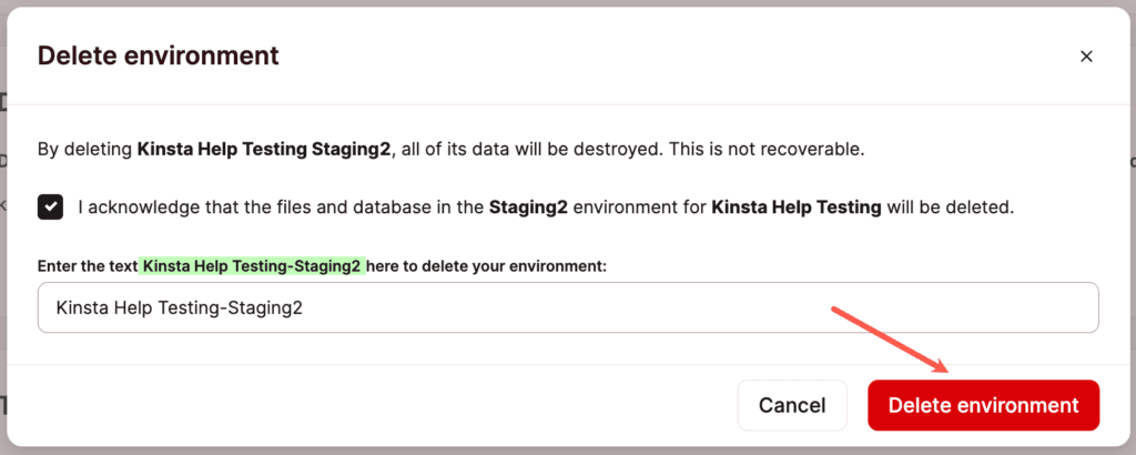 Eliminar un entorno staging en MyKinsta.