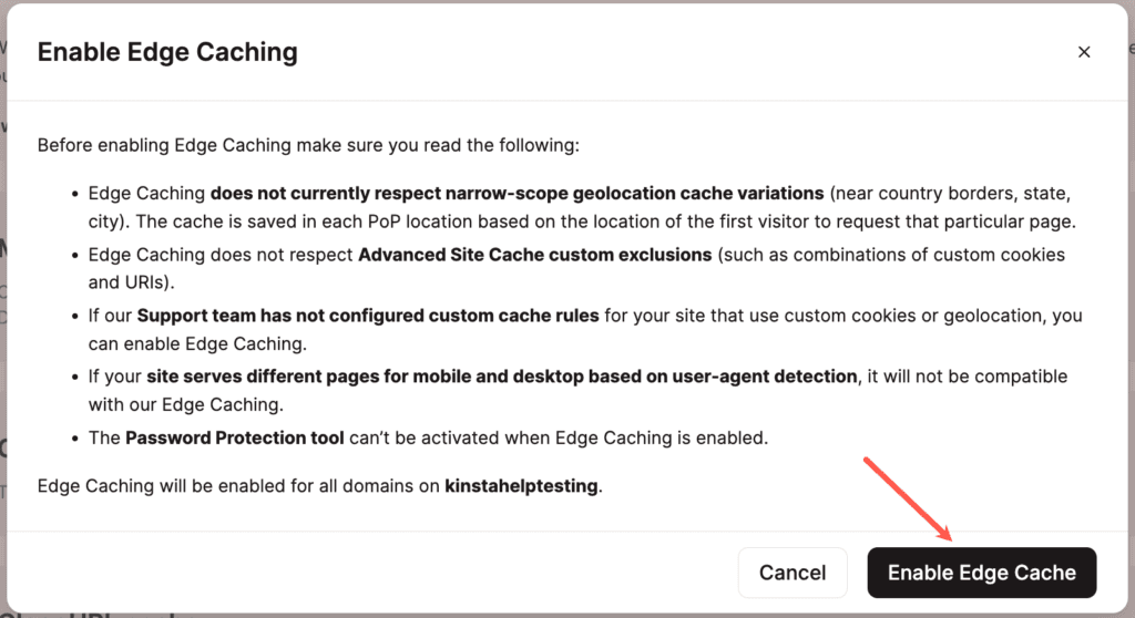 Bestätige die Aktivierung des Edge Caching in MyKinsta
