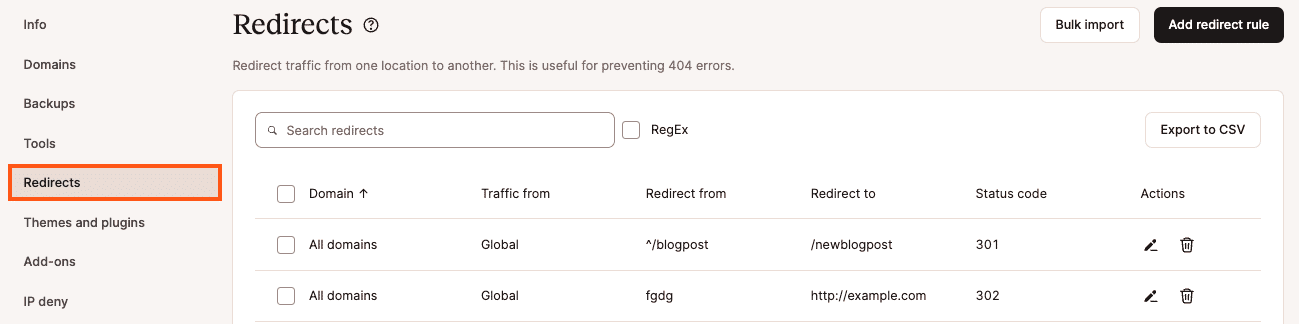 Gestiona las reglas de redireccionamiento en MyKinsta.