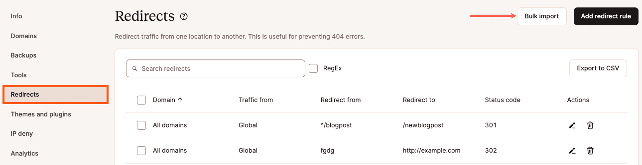 Importación masiva de redirecciones en MyKinsta.