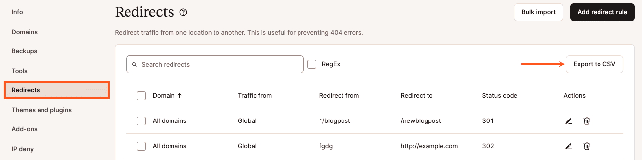 Exportación de redirecciones a CSV desde MyKinsta.