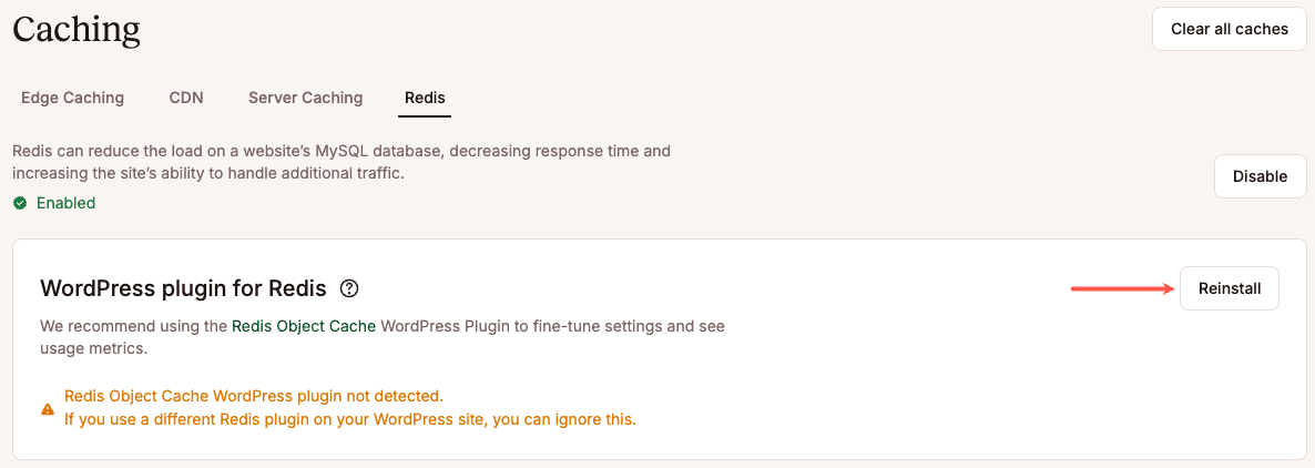 Installeer de Redis Object Cache-plugin opnieuw.