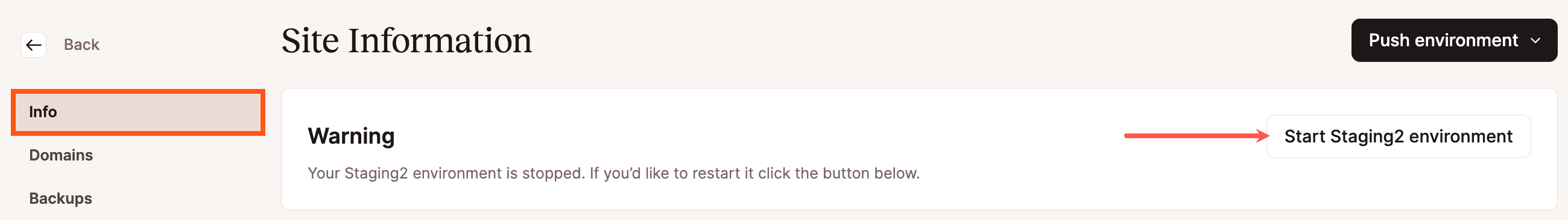 Reinicia tu entorno staging en MyKinsta.