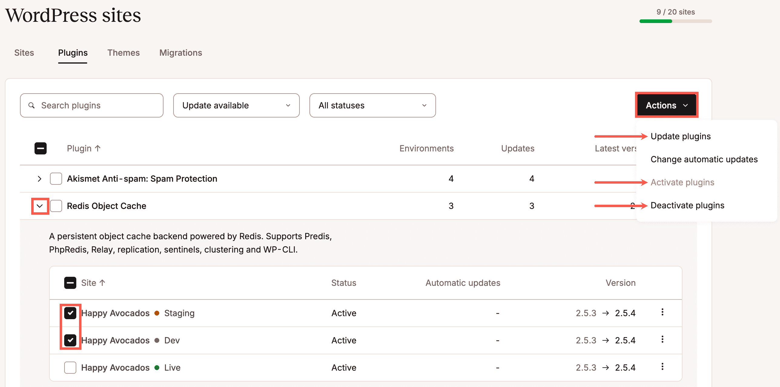 Mettez à jour, activez ou désactivez une extension pour plusieurs sites.
