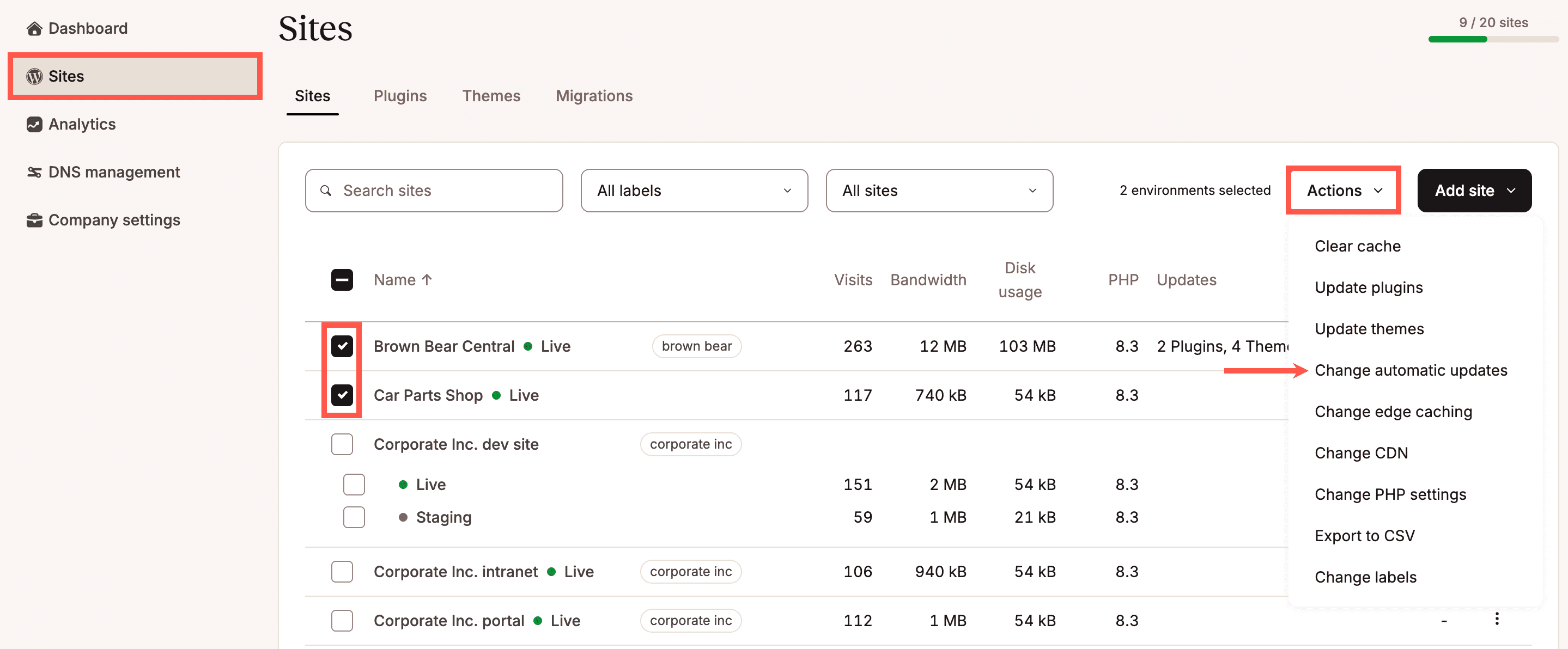 Ändere automatische Updates für deine Plugins und Themes für mehrere Websites