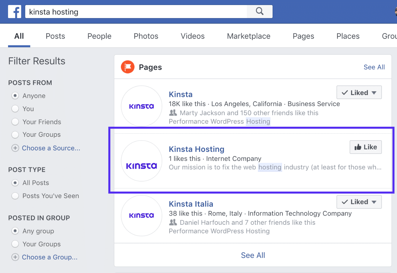 Markenverletzung in der Ergebnisliste auf Facebook