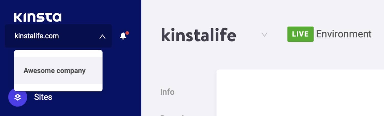 Suche nach Webseiten-Namen und Domainnamen in MyKinsta.