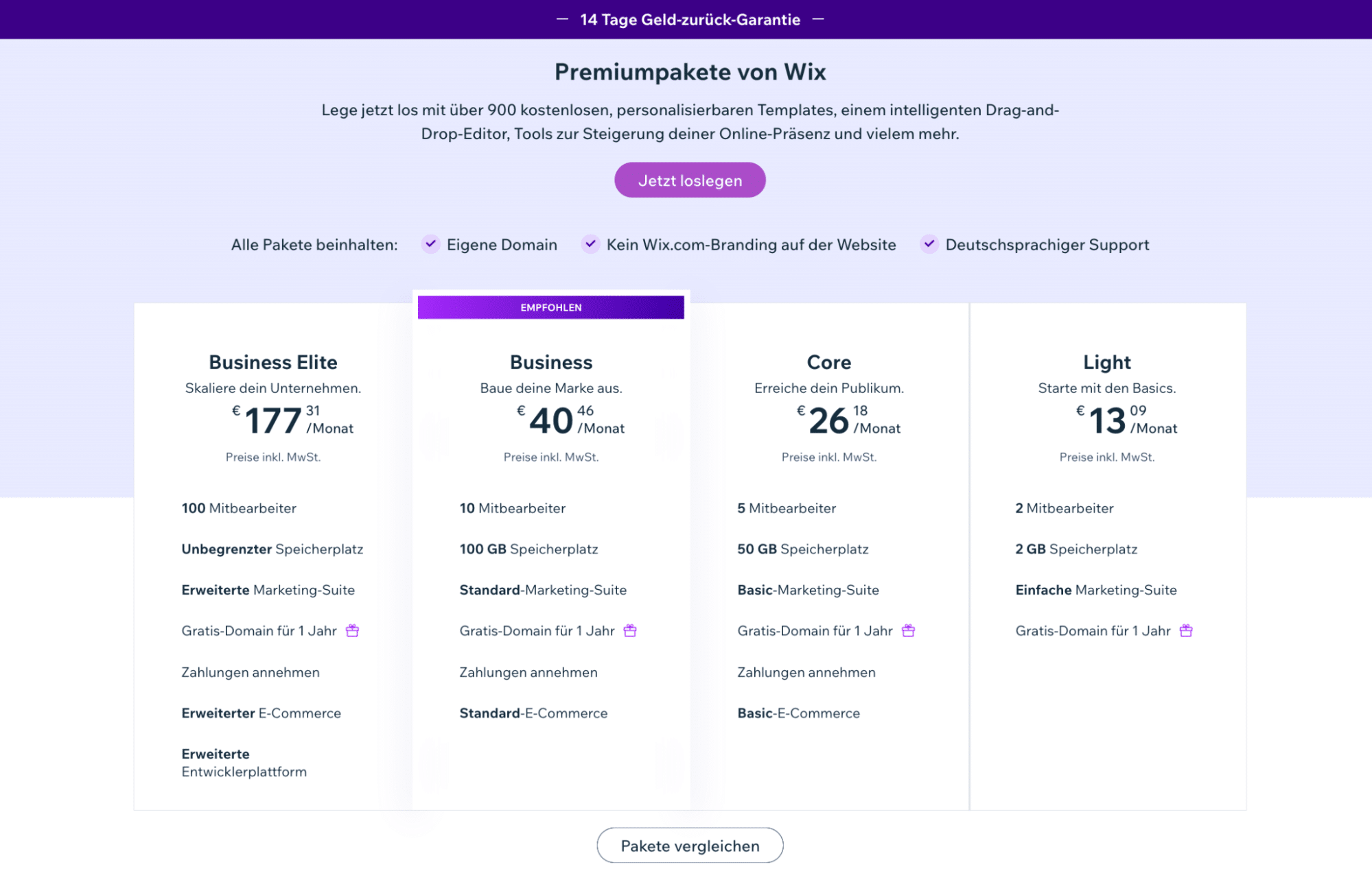 Preise für Websites von Wix.