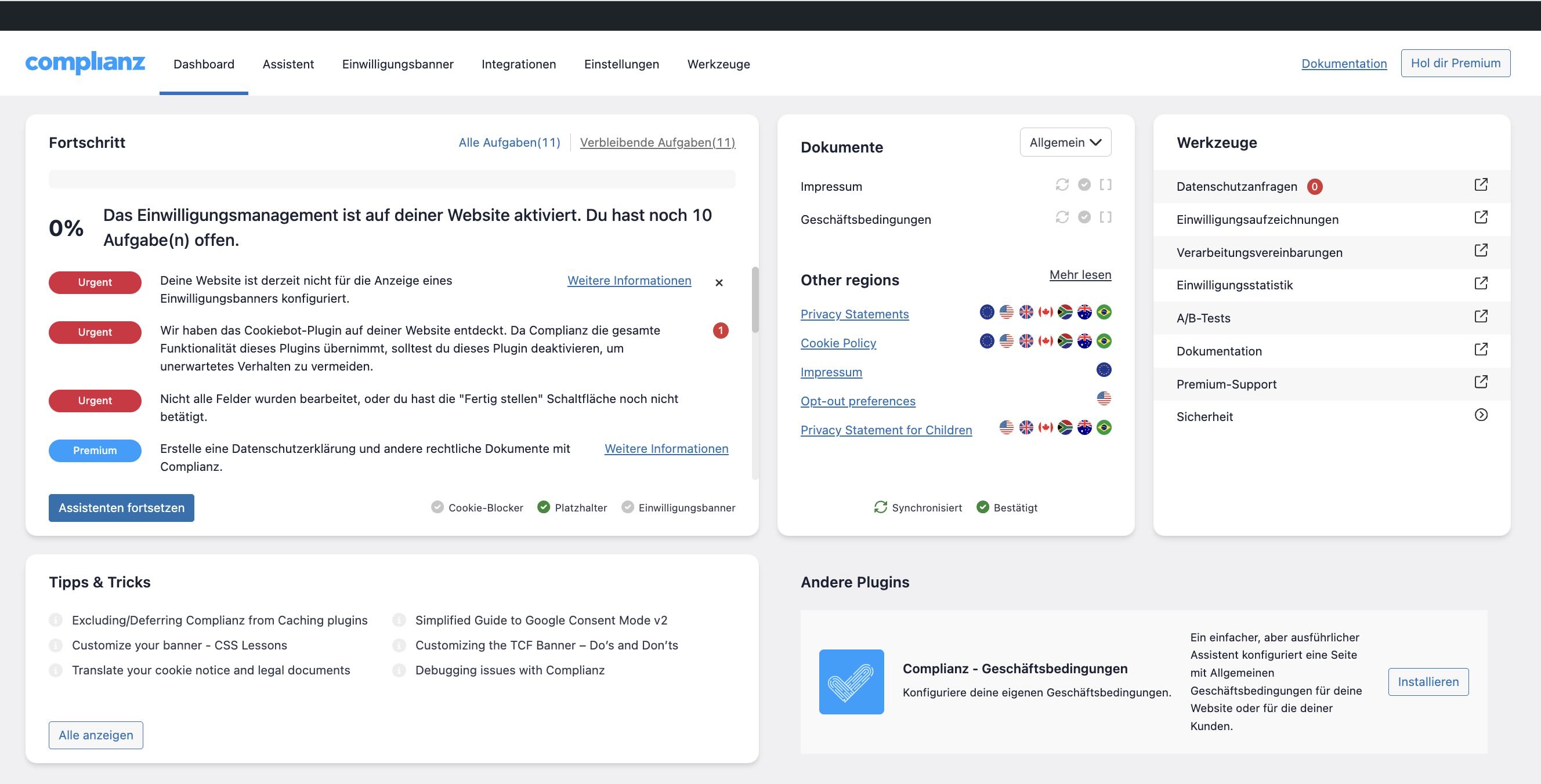 Das Complianz WordPress Dashboard