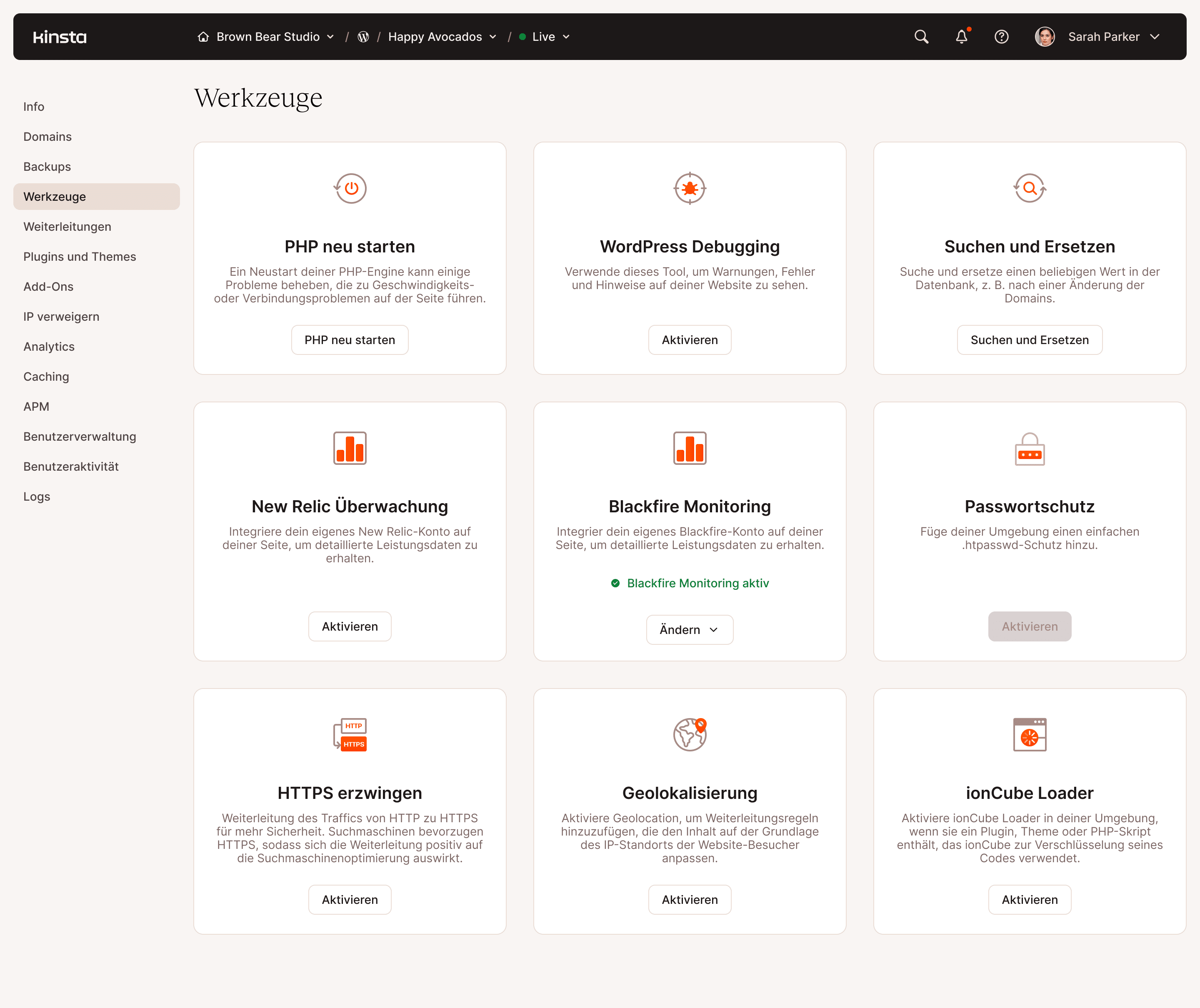 Dashboard für Server-Verwaltungstools