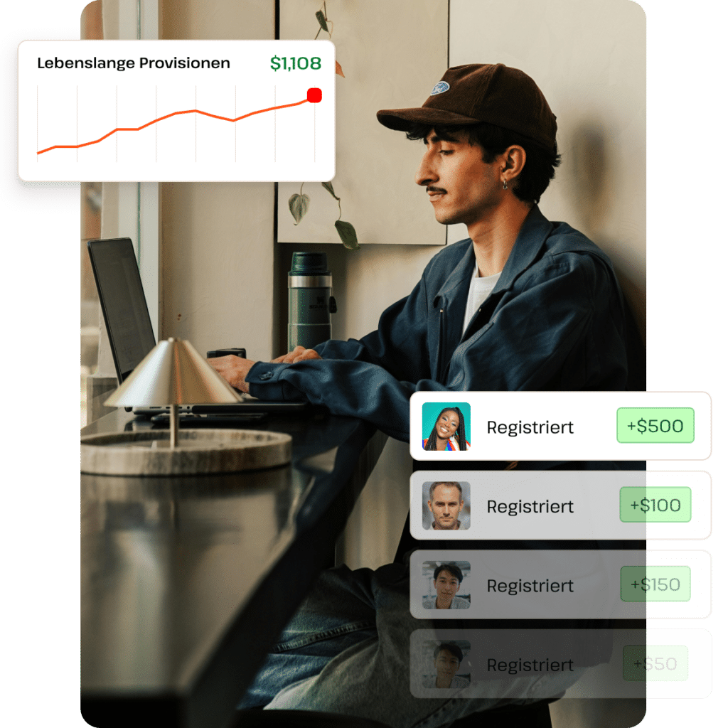 Mann sitzt an einem Computer mit einer steigenden Grafik auf dem Bildschirm, die den Erfolg des Affiliate-Marketings darstellt.