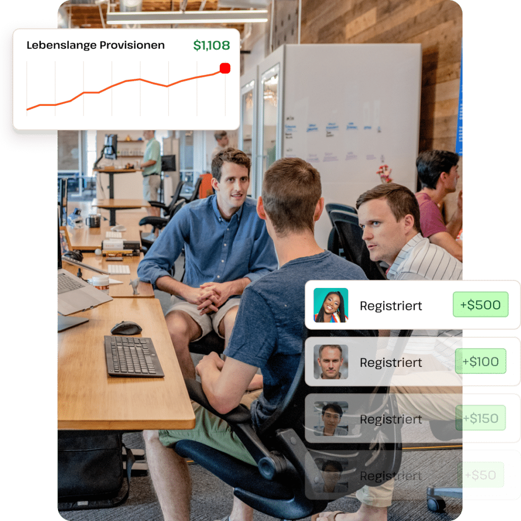 Gruppe von Menschen, die in einem modernen Agenturbüro diskutieren, im Hintergrund eine steigende Grafik, die das Wachstum der Affiliate-Einnahmen symbolisiert.
