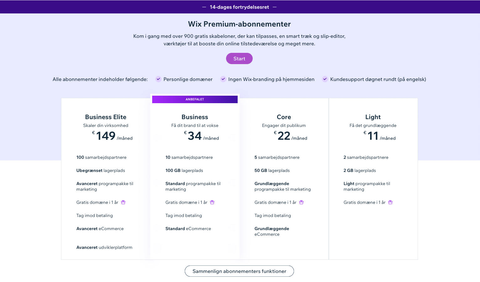 Wix hjemmeside priser.