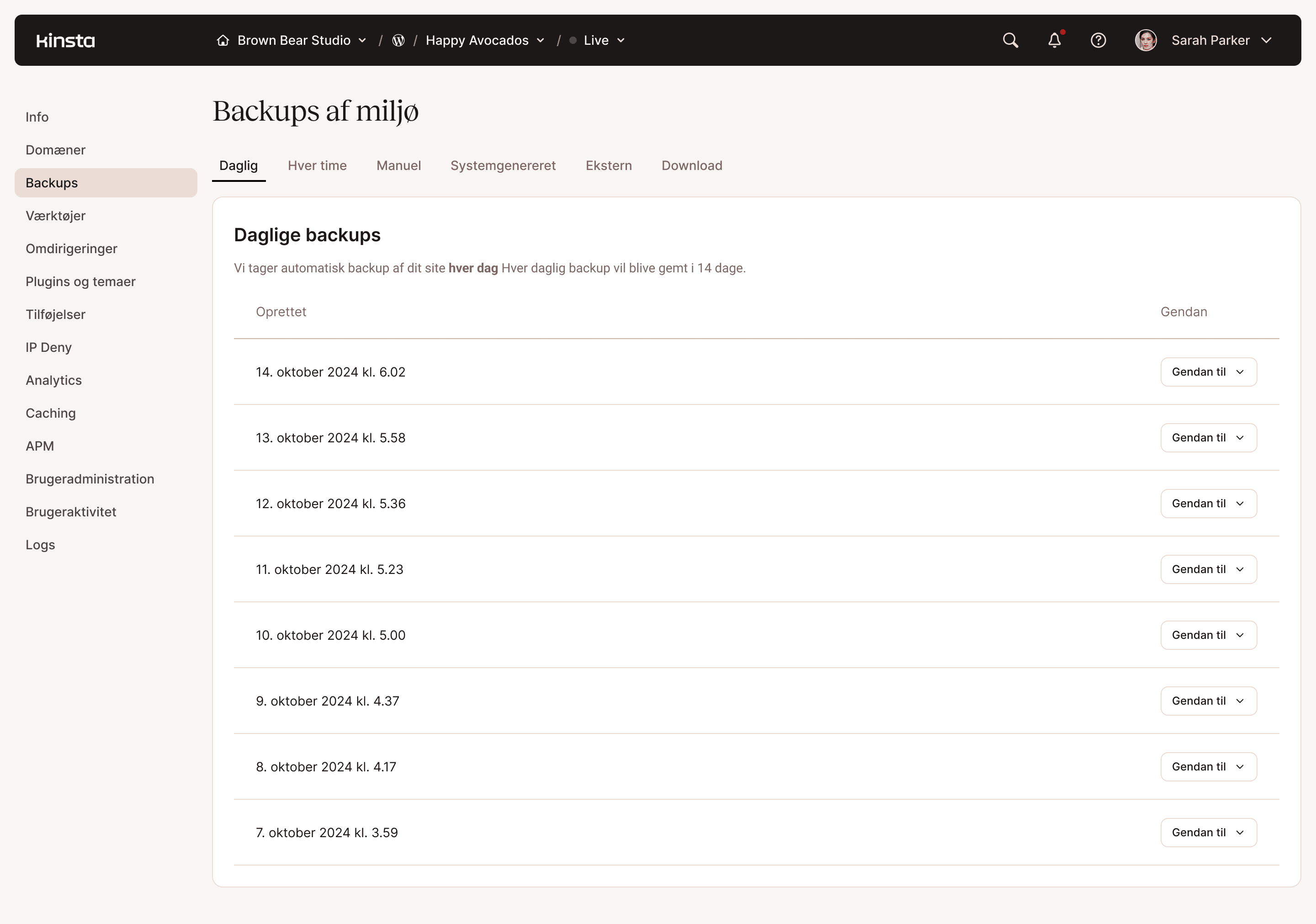 Konfigurationspanel til sikkerhedskopiering af webhostingmiljøer