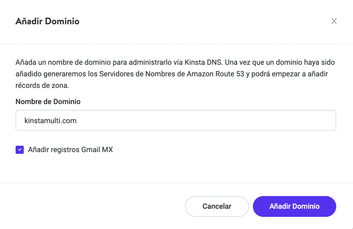 Añade el dominio de tu sitio principal en MyKinsta.