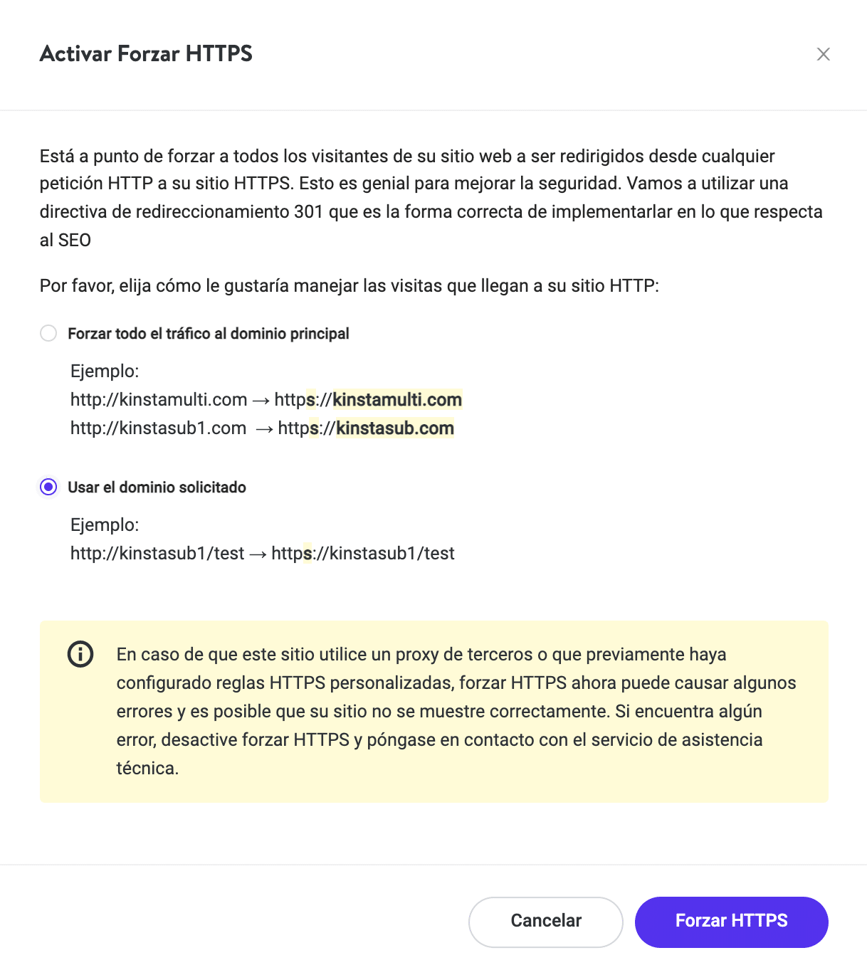 Forzar HTTPS en MyKinsta.