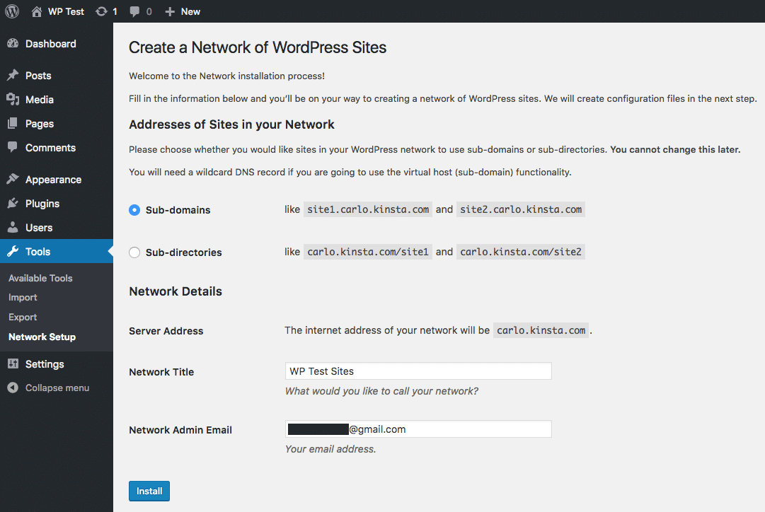 Cómo elegir subdominios durante la instalación de WordPress Multisite