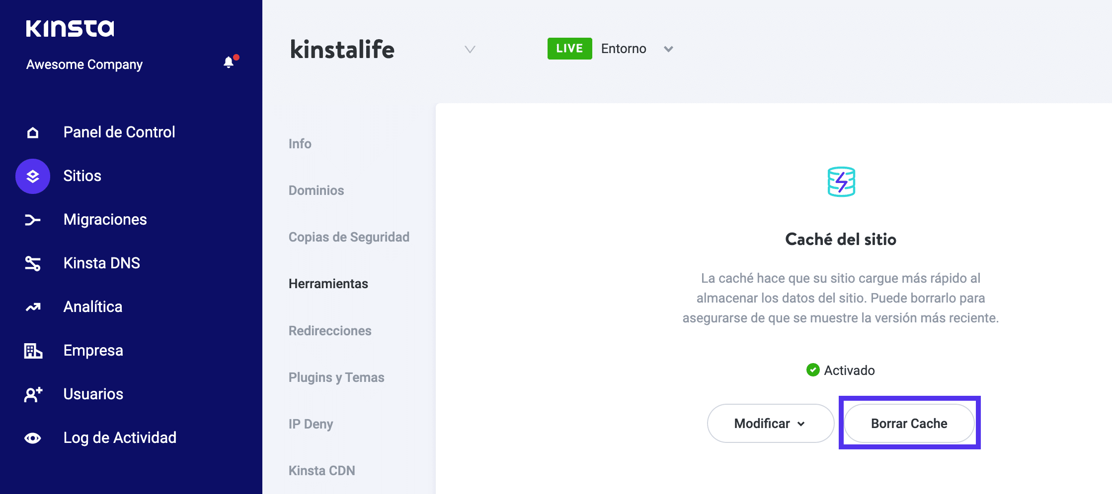 La opción de borrar la memoria caché en MyKinsta