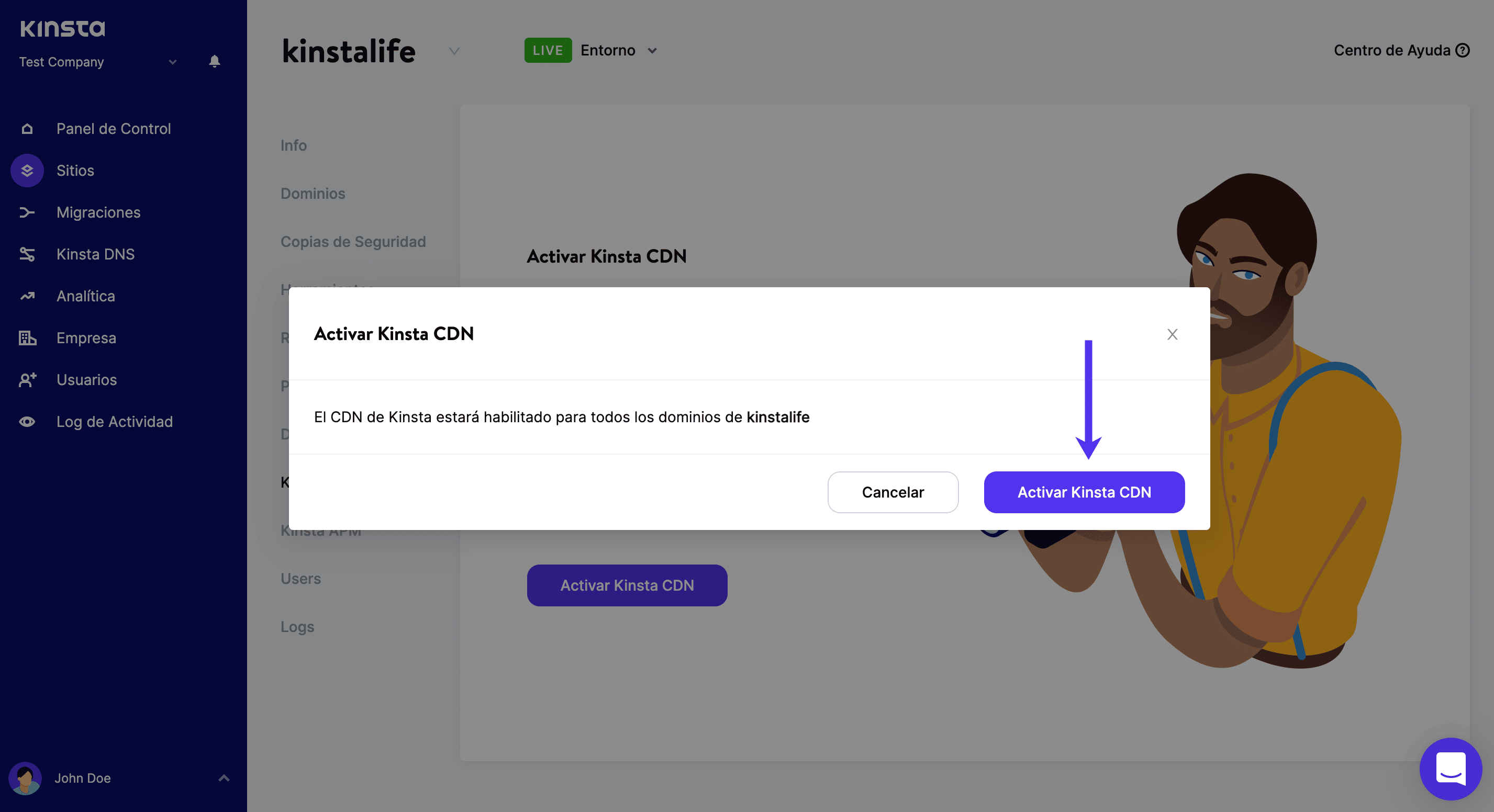 Confirma que quieres habilitar la CDN de Kinsta