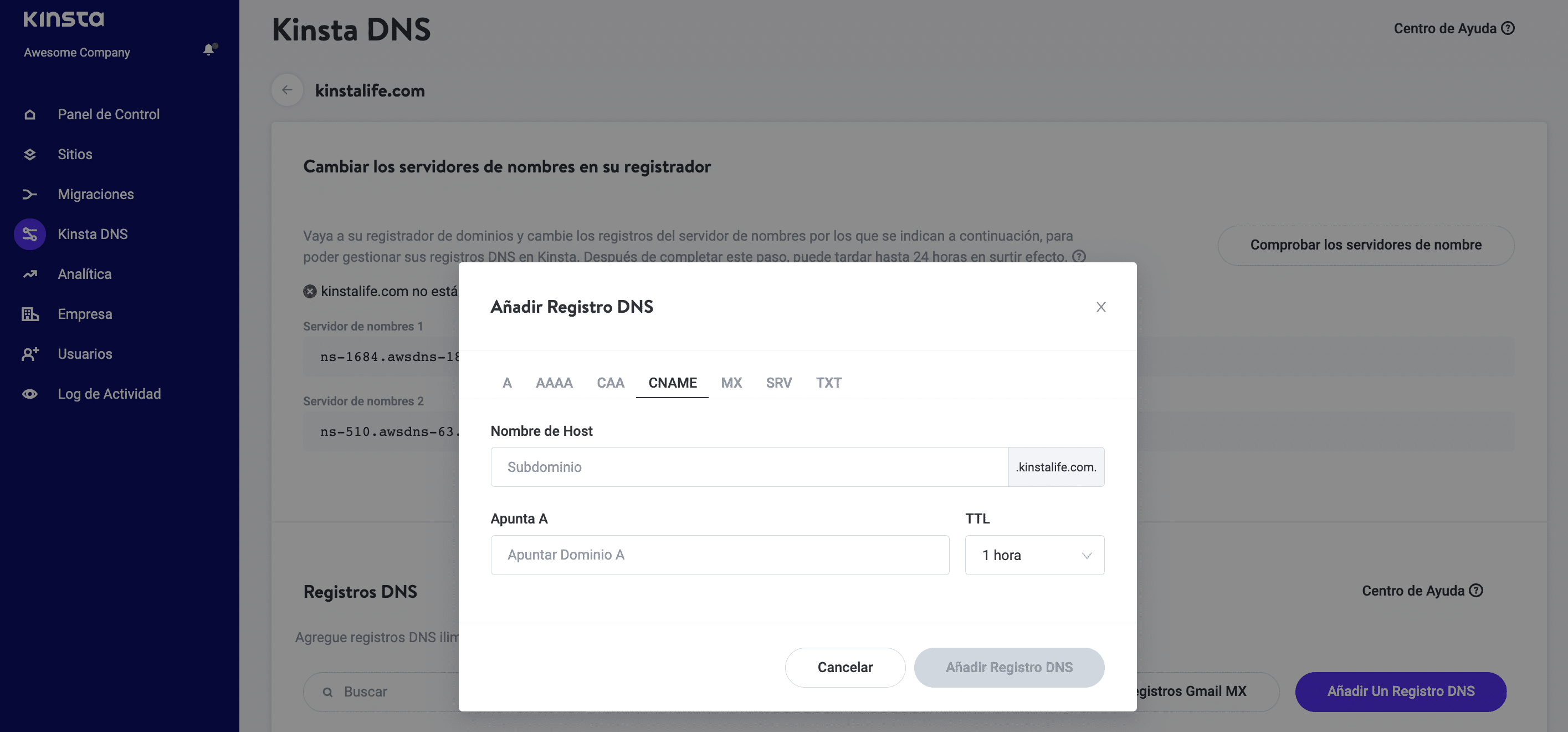 Selecciona la pestaña CNAME.