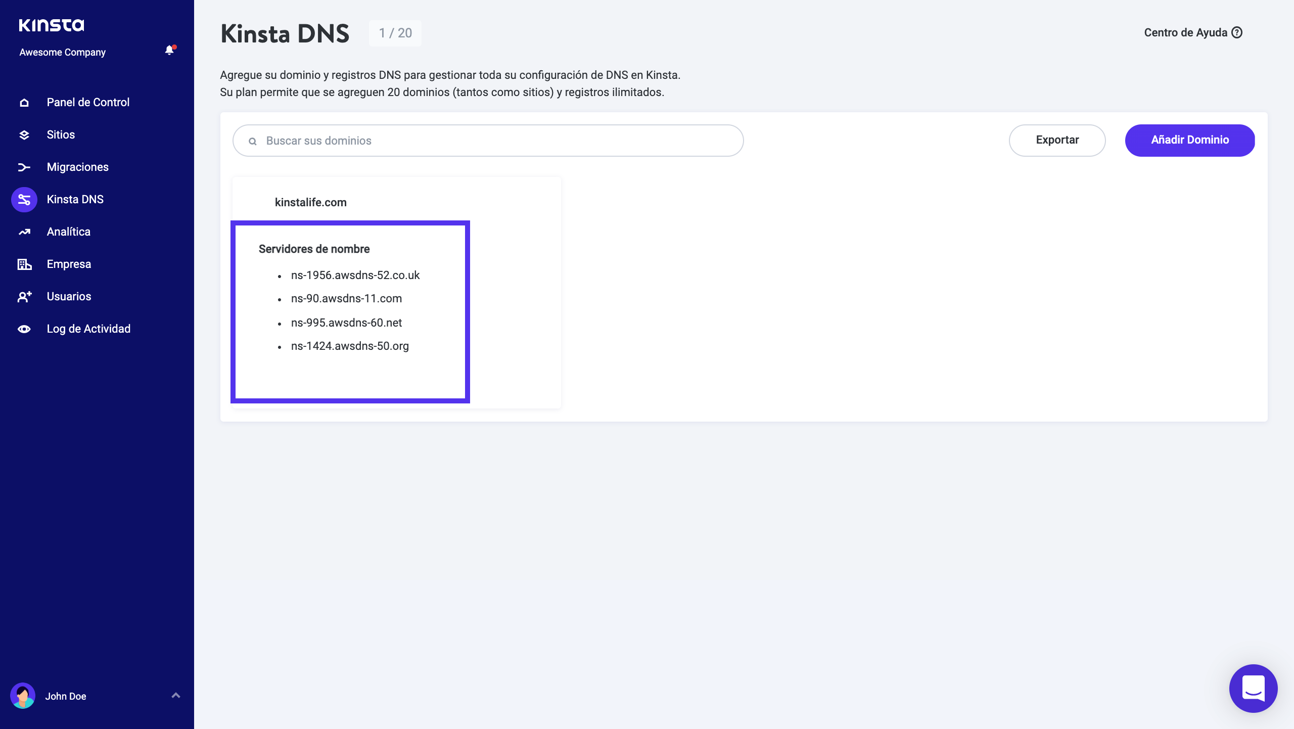 Servidores de nombre del DNS de Kinsta.