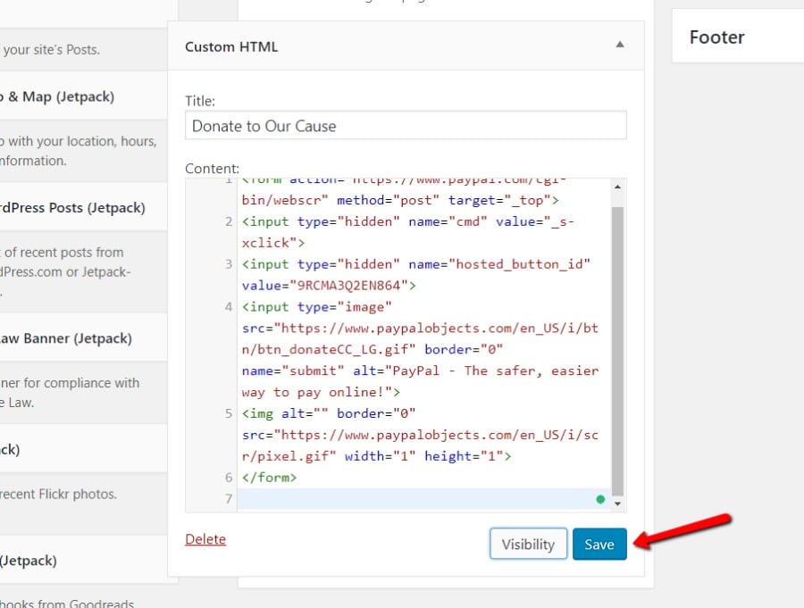 Paste PayPal embed code into widget Pegue el código de PayPal dentro del widget