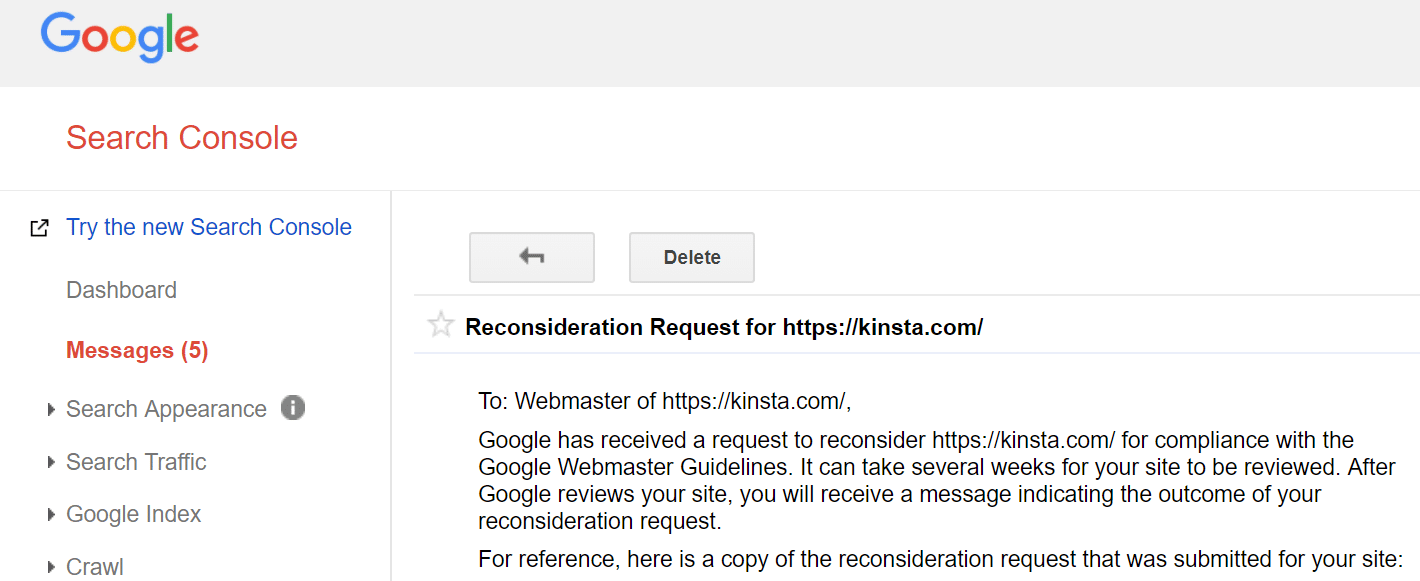 Solicitud de reconsideración de Kinsta