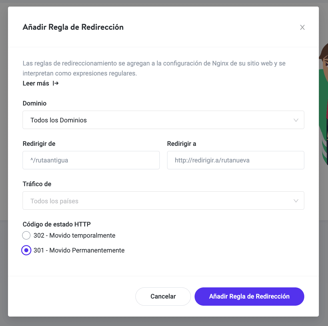 MyKinsta añade la regla de redireccionamiento