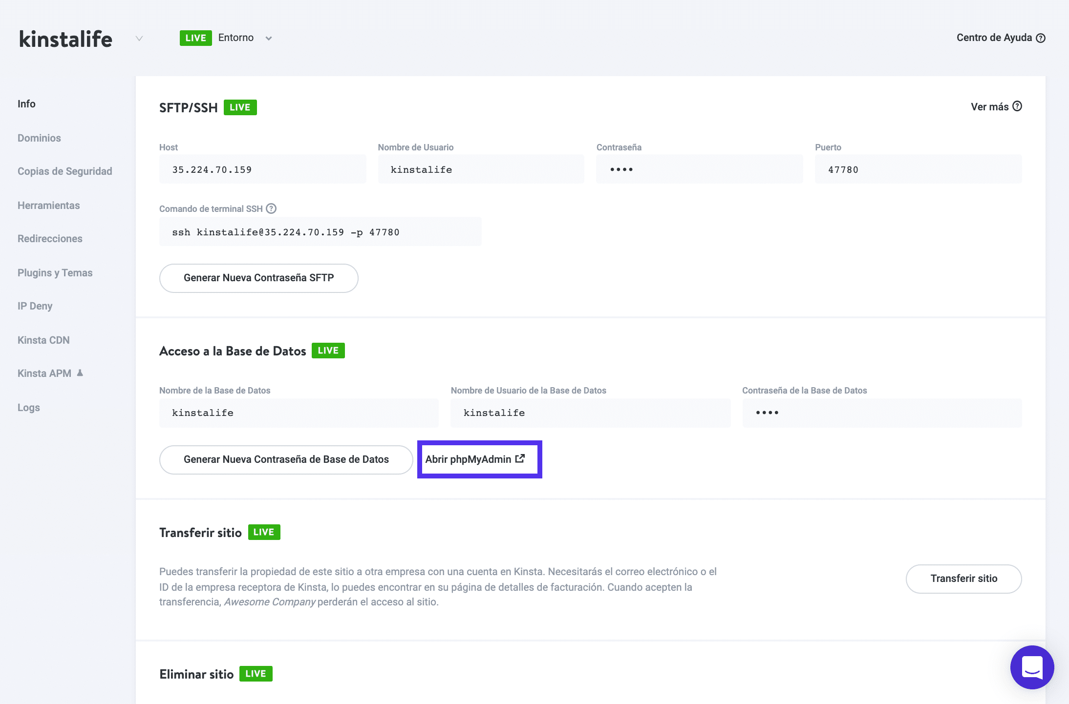 Abrir phpMyAdmin en MyKinsta
